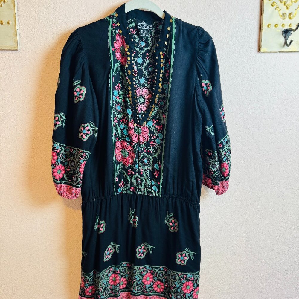 Bohemian Western Romantic Angie Floral Black Mini Dress Women’s Large Summer